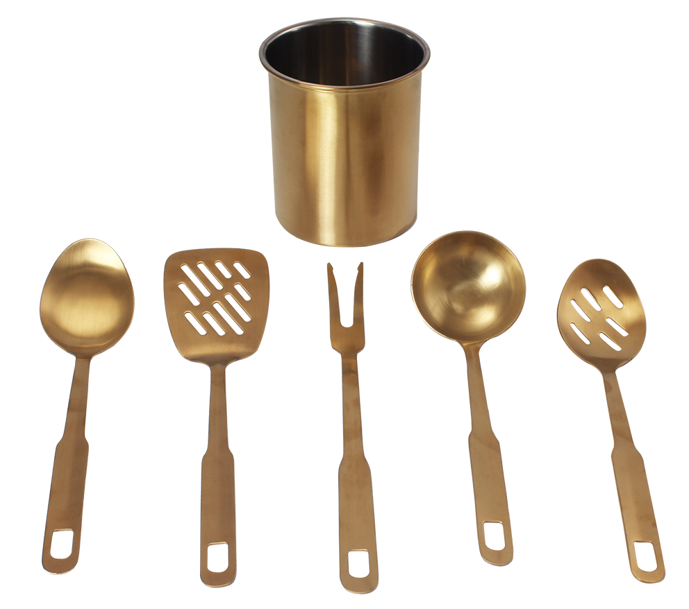 Gold Stainless Steel Cooking and Serving Spoon Set for Kitchen with Hanging hole & crock Slotted + Ladle + Skimmer + Turner + spaghetti+Fork+solid spoon)