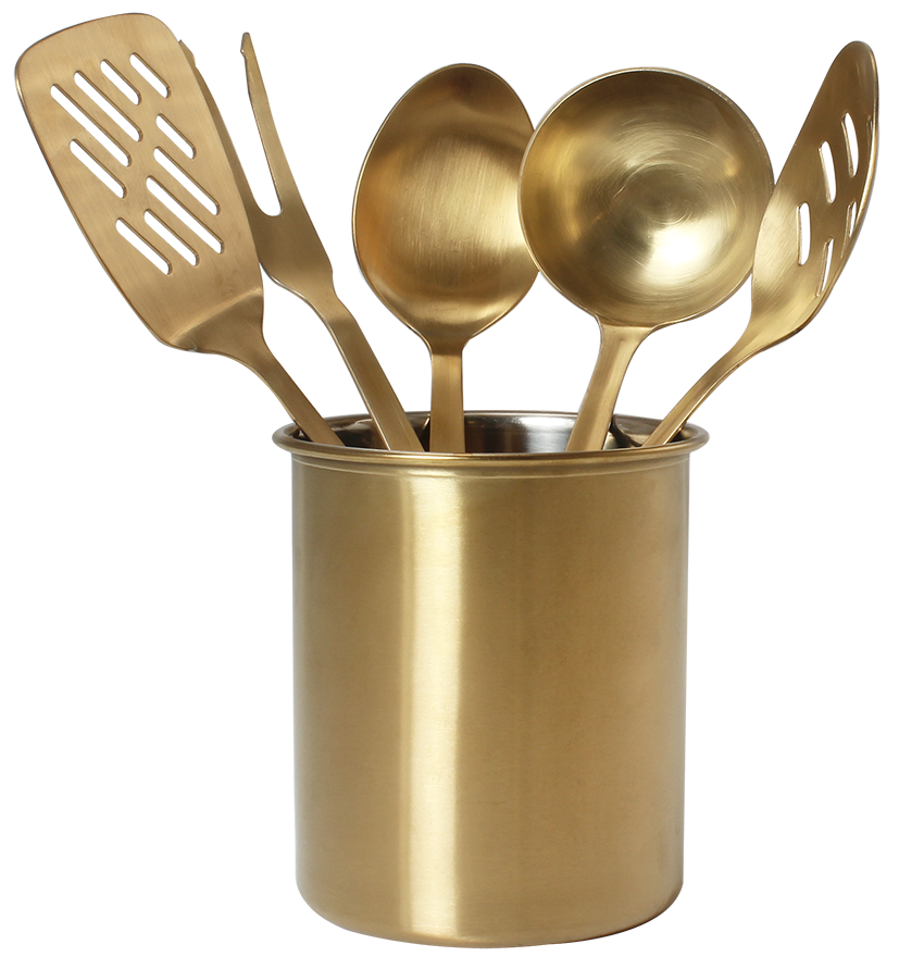 Gold Stainless Steel Cooking and Serving Spoon Set for Kitchen with Hanging hole & crock Slotted + Ladle + Skimmer + Turner + spaghetti+Fork+solid spoon)